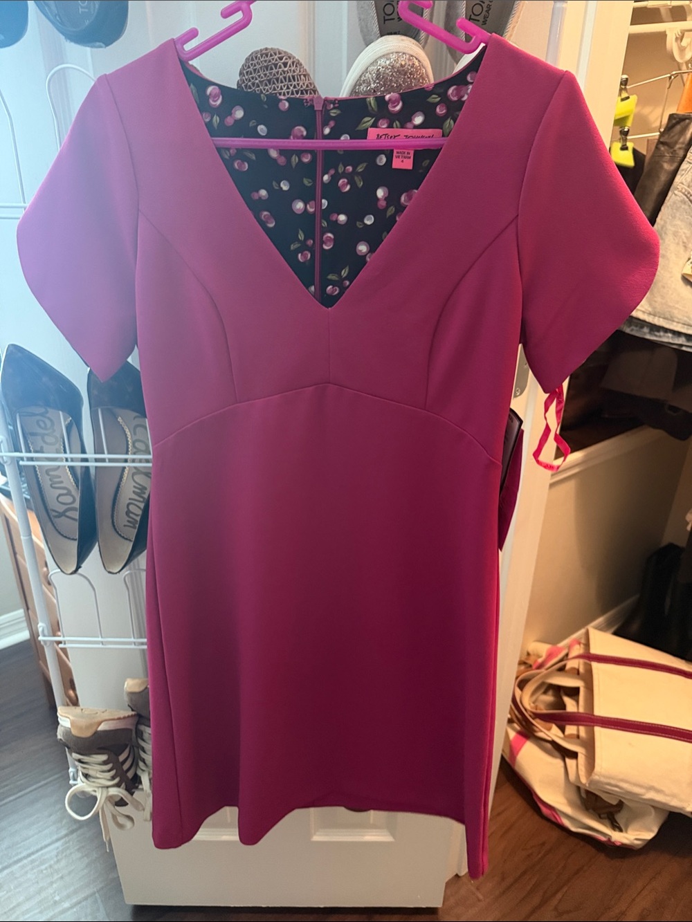 Betsey Johnson Magenta V-Neck Shift Dress with Floral Lining
